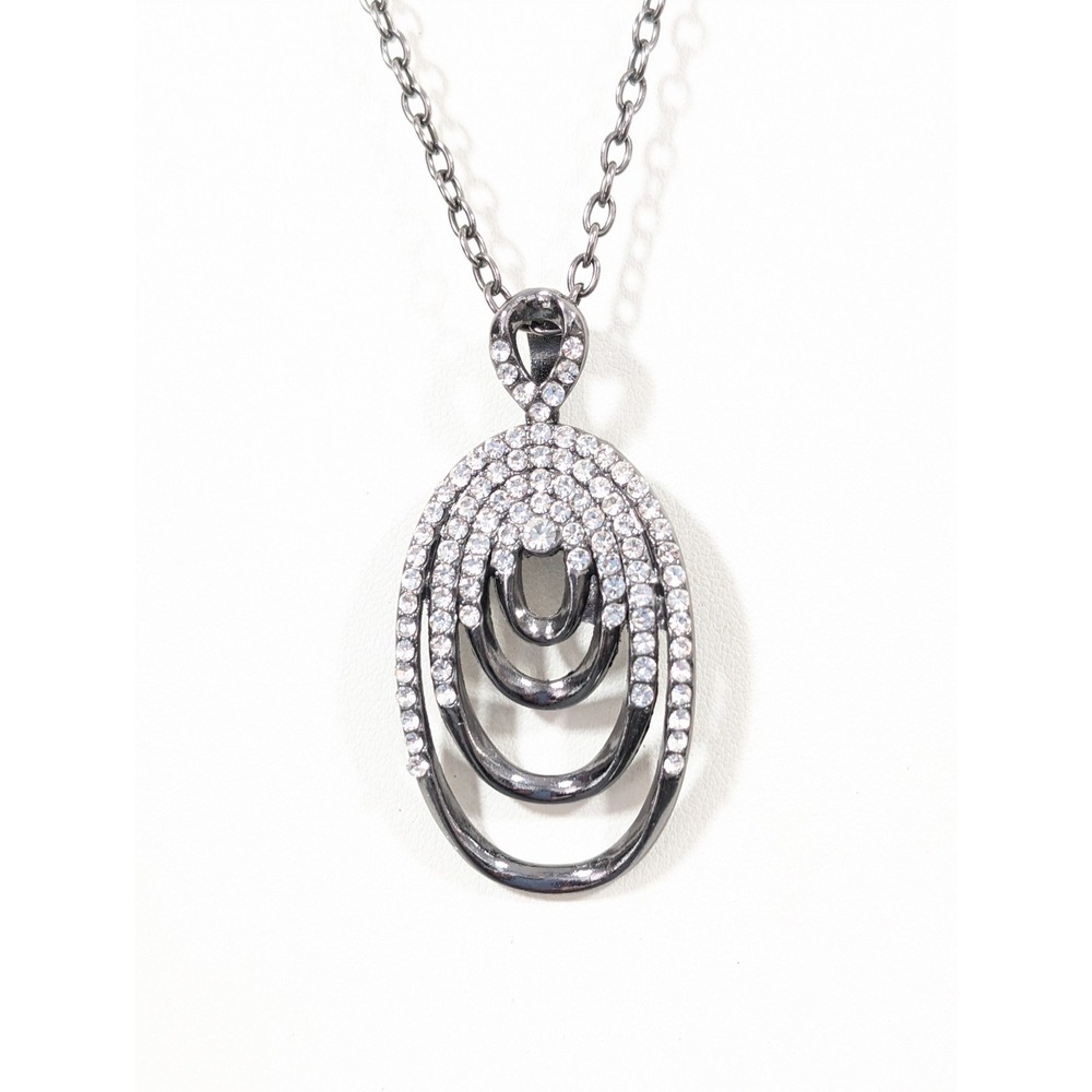 Gunmetal Gray Rhinestone Oval Pendant Long Necklace 40 in Gothic Glam